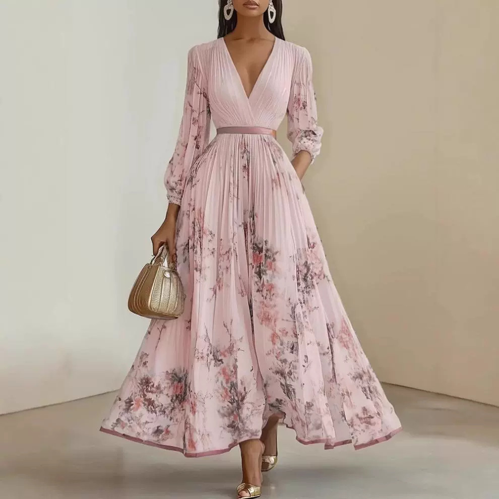 Womens Pleated V-Neck Long Sleeve Dress - Image 3