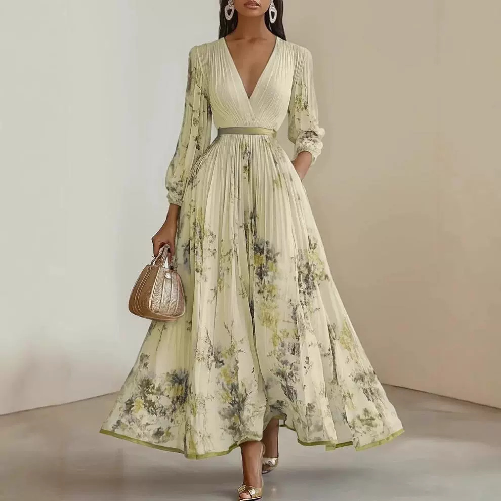 Womens Pleated V-Neck Long Sleeve Dress - Image 4