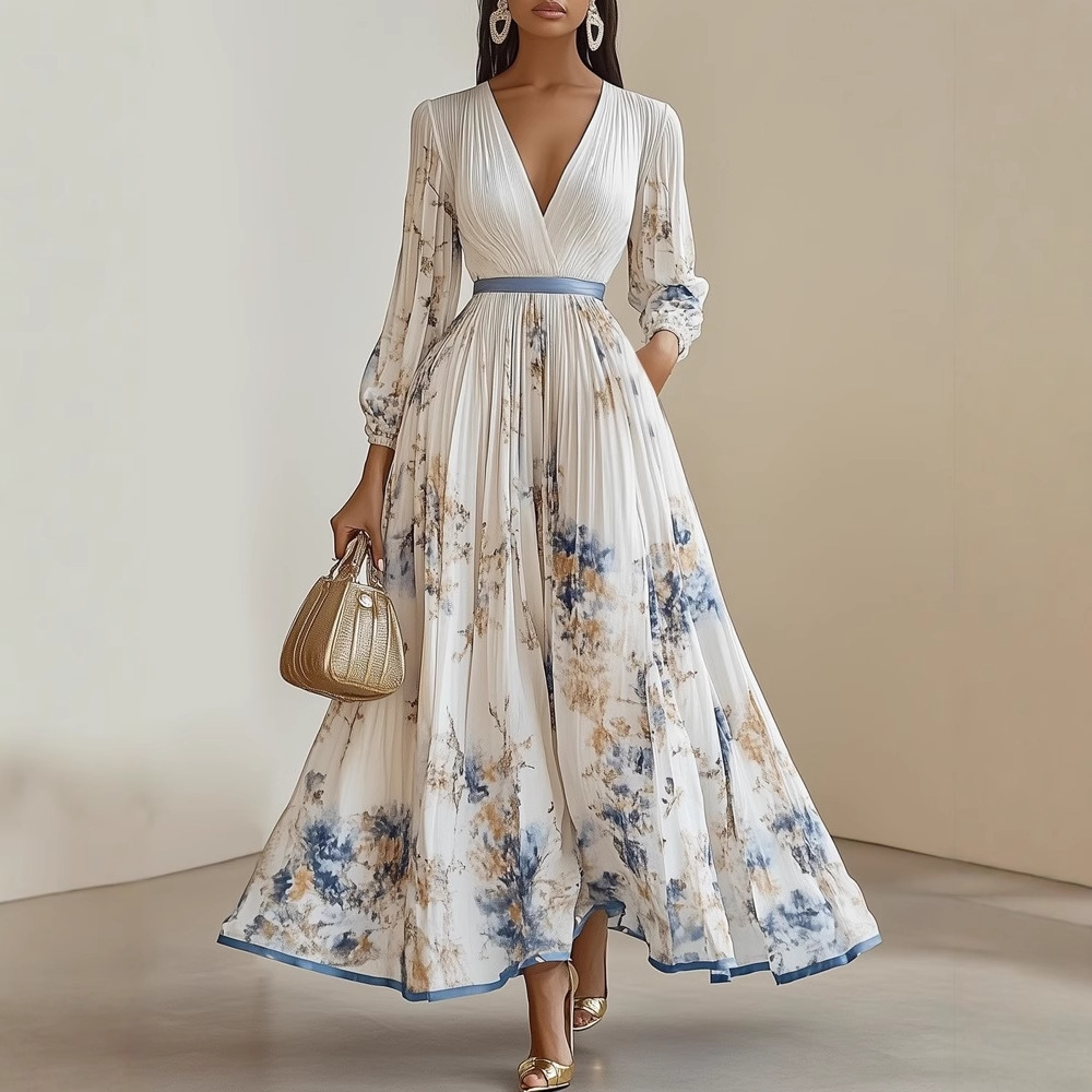 Womens Pleated V-Neck Long Sleeve Dress