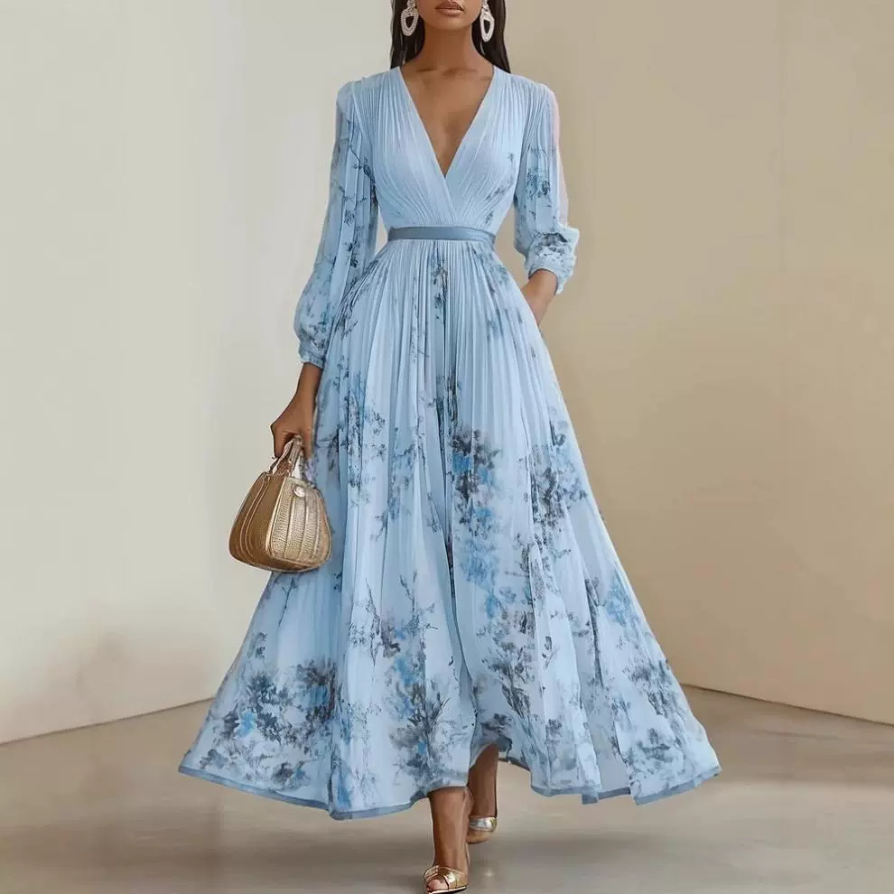 Womens Pleated V-Neck Long Sleeve Dress - Image 2