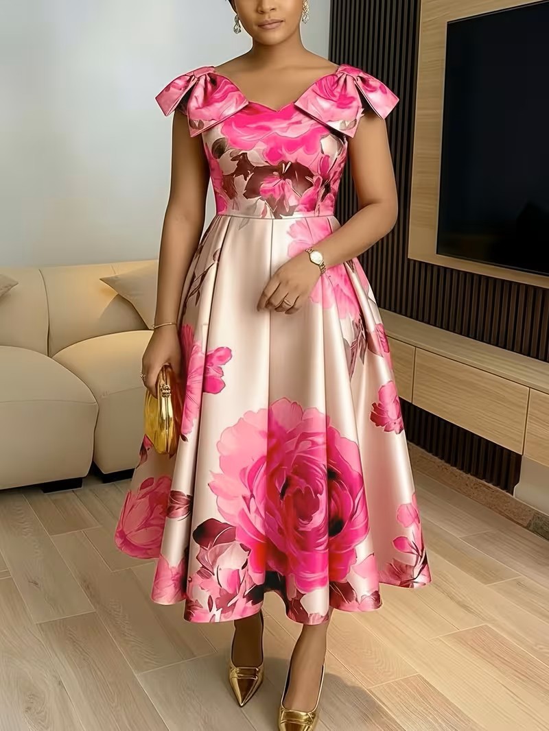 Elegant Printed Ruffle Neckline Womens Dress - Image 4