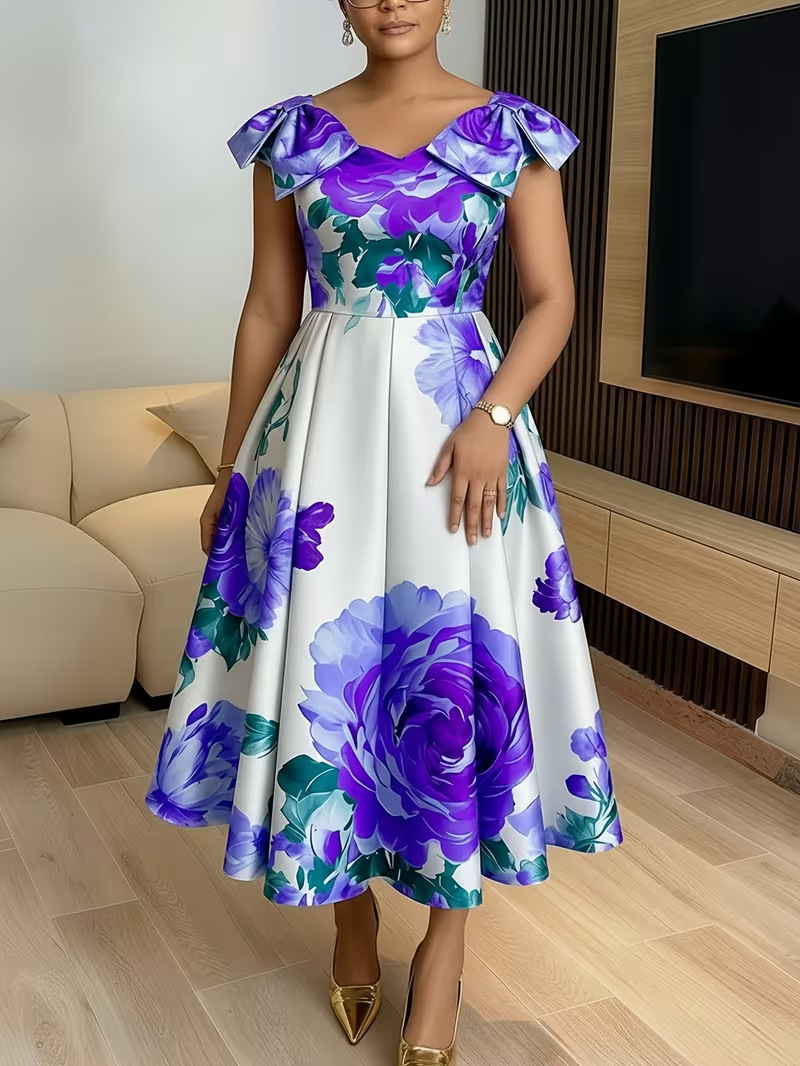 Elegant Printed Ruffle Neckline Womens Dress - Image 3