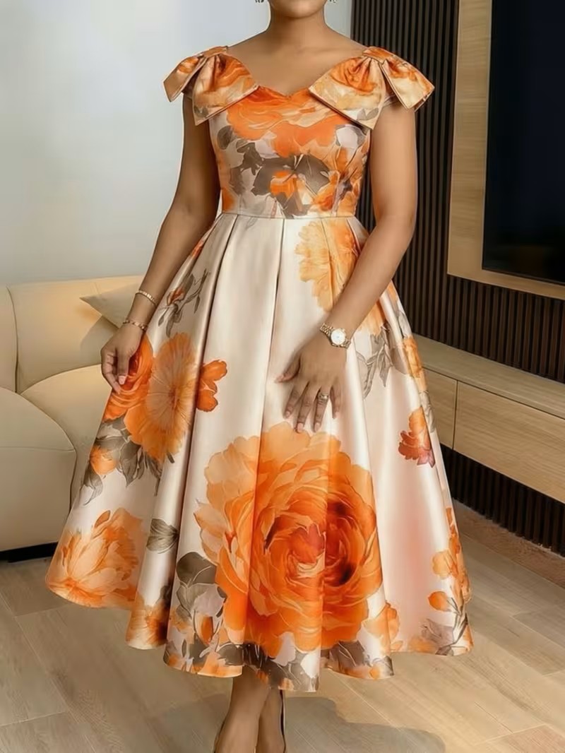 Elegant Printed Ruffle Neckline Womens Dress - Image 2