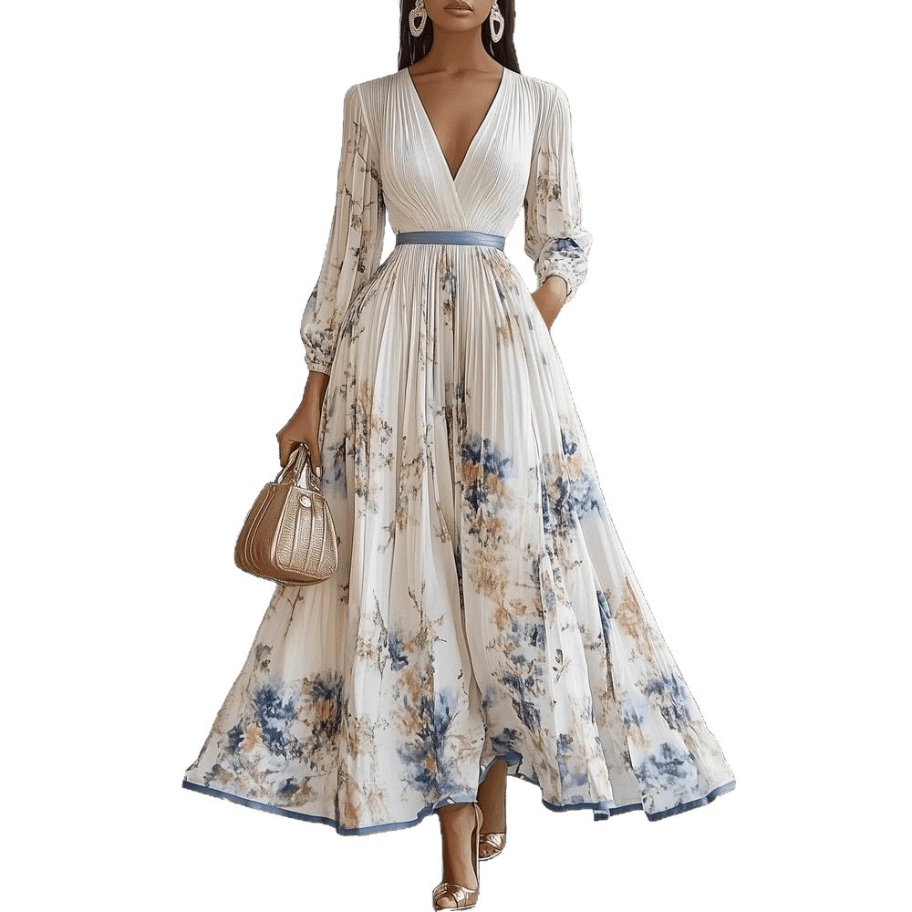 Womens Pleated V-Neck Long Sleeve Dress - Image 5